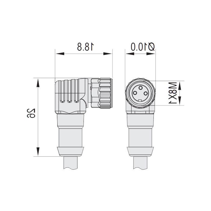  M8 3Pin, female head 90°, single-end precast cable, welding slag resistant PUR material, orange sheath, 63T021-XXX